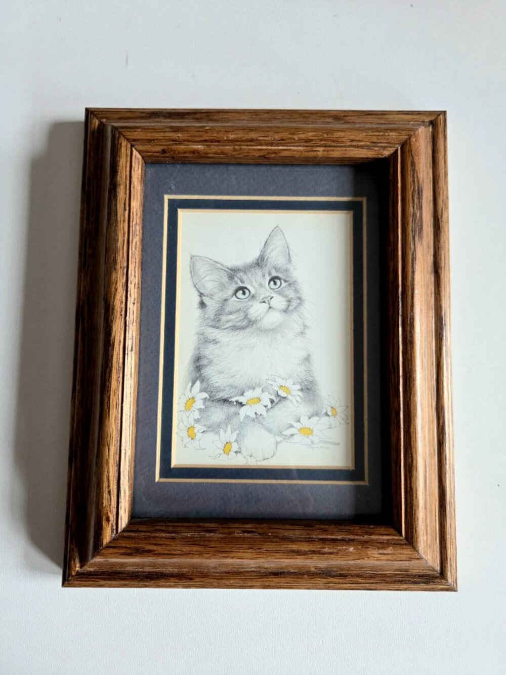 Signed by Virginia Miller framed art. Kitten portrait with Daises.